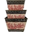 Set of 3 Nested Planters, Embossed Metal, Red Toile