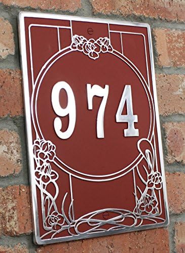 House address plaque with your house number in the Art Nouveau Style. Solid Aluminium hand made to order in England. (Red)