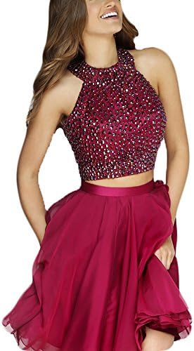 TBGirl A-line Two Pieces Beaded Homecoming Dress Short Chiffon Graduation Gown