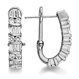14K White Gold Lever Back Earrings with Round and Baguette Diamonds