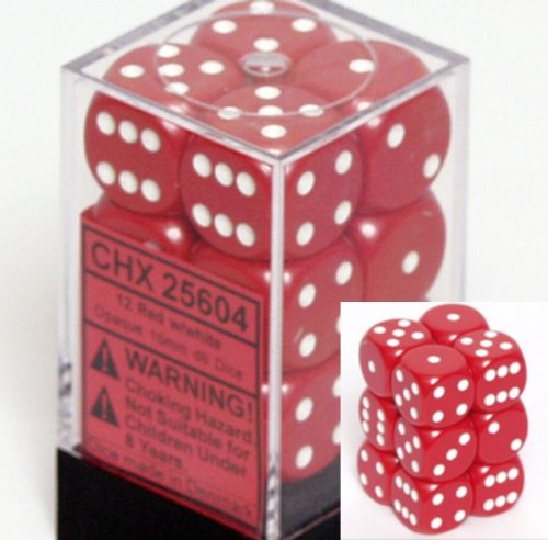 Chessex Dice d6 Sets: Opaque Red with White - 16mm Six Sided Die (12) Block of Dice On Sale
