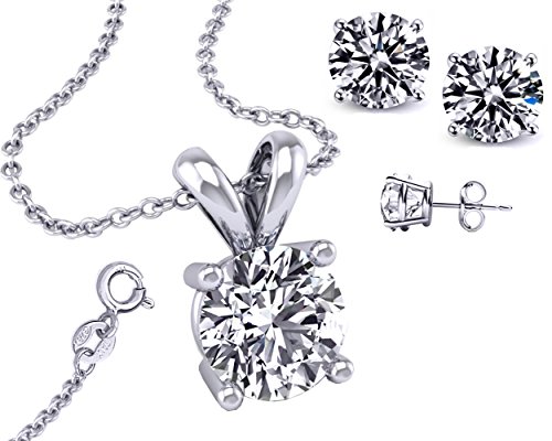 925 Sterling Silver Synthetic BirthStone Colors 2.00 Carat Total Earrings, Round Pendant 18
