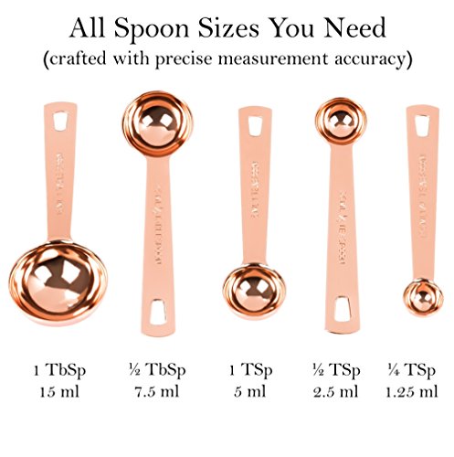 9 Exclusive Measuring Cups and Spoons. Copper Plated and Polished for Luxurious Look. Remarkably Sturdy for Heavy-duty Daily Use. Ergonomic Comfortable Handles. Holes for Hooks and Magnetic. Set of 9.