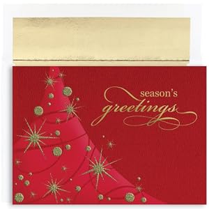 Sparkling Tree On Red Christmas Cards -
