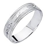 14K White Gold Satin Milgrain Diamond-cut Wedding Band Ring for Men & Women