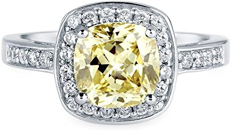 BERRICLE Rhodium Plated Sterling Silver Canary Yellow Cushion Cut Cubic Zirconia CZ Halo Engagement Ring 3.42 CTW