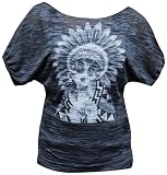 Women's Little Feather by Brother Greg Native American Woman Tattoo Boatneck Dolman Sleeve Burnout Tee Top Charcoal and Black