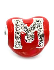 Pro Jewelry .925 Sterling Silver " Letter M in Swarovski Elements on RED Heart " Charm Bead Compatible with Pandora Chamilia Kay Troll Bracelet