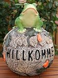 Eigenschaften   / Frosch auf Stein mit Willkommensschild Deko