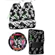 9 Piece Hawaiian Auto Interior Gift Set - Charcoal Hawaii Hibiscus Floral print: 2 Front Bucket Seat Cover, Steering Wheel Cover, 2 Shoulder Harness Pressure Relief Cover, 2 Front Floor Mat and 2 Rear Floor Mat - Charcoal black