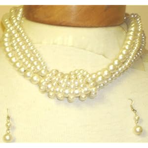 Four Strand Simulated Ivory Pearl Necklace Pendant Earrings for Women and Teens