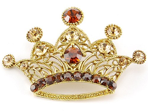 Royal Power Crown Brown Topaz Crystal Rhinestone Golden Tone Costume Pin Brooch