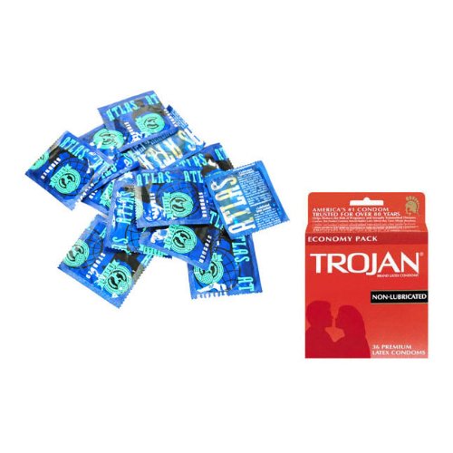Trojan NON-LUBRICATED Latex Condoms Lubricated 36 ea and Atlas Premium Latex Condoms Lubricated Studded 72 condoms Safe Sex Kit