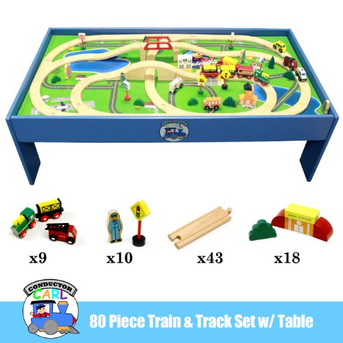 Conductor Carl 80 Piece Train Table and Playboard Set. 100% Compatible with Thomas the Train and Brio. Plus FREE Conductor Carl Train.