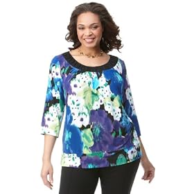 Buy AGB Plus Size Top, Three-Quarter Sleeve Floral Blouson by AGB