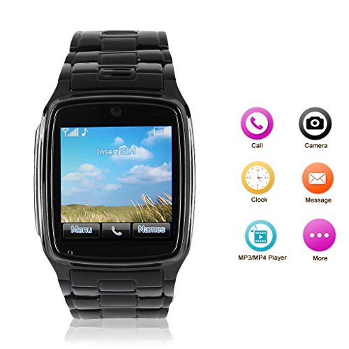 Excelvan® Android Touch Screen Watch Phone Bluetooth SmartWatch Stainless Steel Cell Phone Watch with Quad-Band GSM, Built-In Music and Video Multimedia Player, FM radio, Camera, etc (Includes 4GB Micro SD Card)
