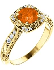 18K Yellow Gold 6.00mm Round Cut Mexican Fire Opal and Diamond Ring -- LIFETIME WARRANTY