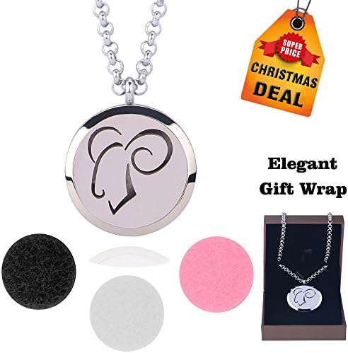(Aries) Essential Oil Diffuser Necklace Elegant Hypo-Allergenic 316L Surgical Grade Stainless Steel Locket Pendant Jewelry For Aromatherapy