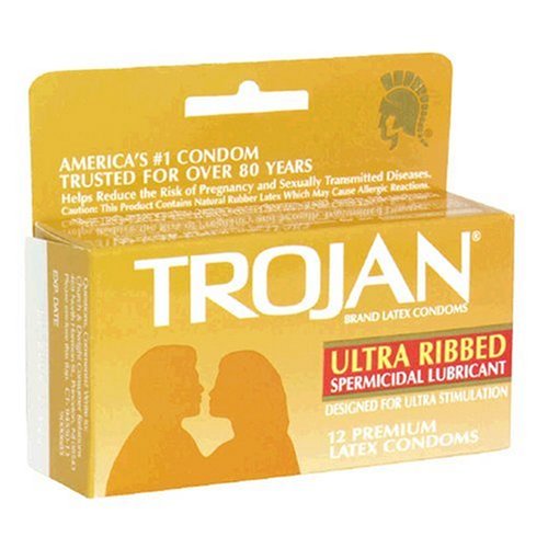Trojan Ultra Ribbed Latex Condoms, Spermicidal Lubricant, 12-Count Boxes (Pack of 3)