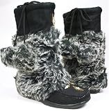 Furry MukLuk Black Vegan Mocassin Boots Pom-Poms