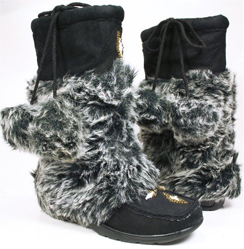 Furry MukLuk Black Vegan Mocassin Boots Pom-Poms