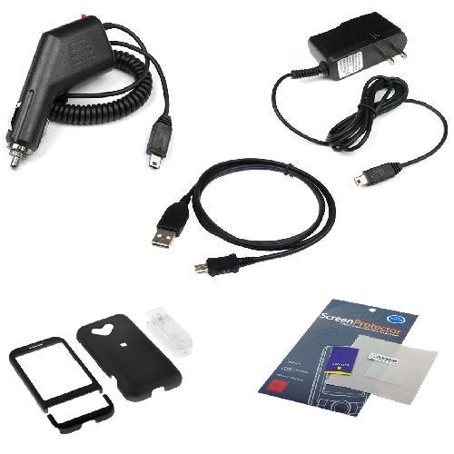 Solid Black Rubberized Snap On Crystal Case with Clip + Rapid Car Charger + Home Travel Charger + Clear Durable Reusable LCD Screen Protector + USB Data Cable for T-Mobile HTC G1 Google Phone Dream Smartphone