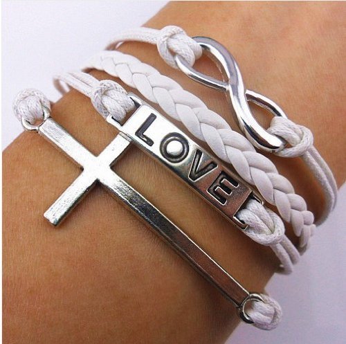 ONE DIRECTION love + infinity + Cross leather wristband bracelet (white)
