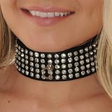 Black Leather Collar 5 Row Rhinestones Adjustable Choker