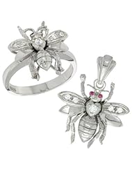 Sterling Silver Bee Ring & Pendant Set CZ Stones Rhodium Finished