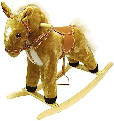 Tan Wood and Fabric Plush Rocking Horse Animal Toy with Sound