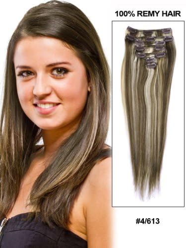 Fohair 32 Inch Clip in/on Indian Remy Human Hair Extensions Full Head Volume Set 12 Pieces #4/613 Silky Straight