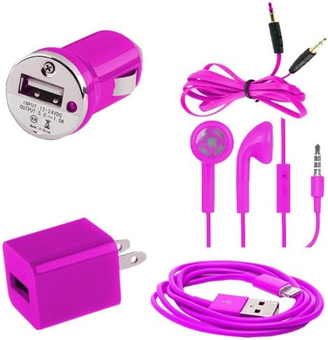 IPhone 6, 6 Plus, 5, 5s, 5c USB 5 in 1 Car Charger + Travel Home Wall Charger Adapter + USB Tangle Free Lightning Data Sync and Charge Cable + 3.5mm Earphones + Aux Cable - Purple