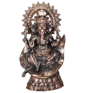 Large Copper Finish Ganesh Statue on a Leaf