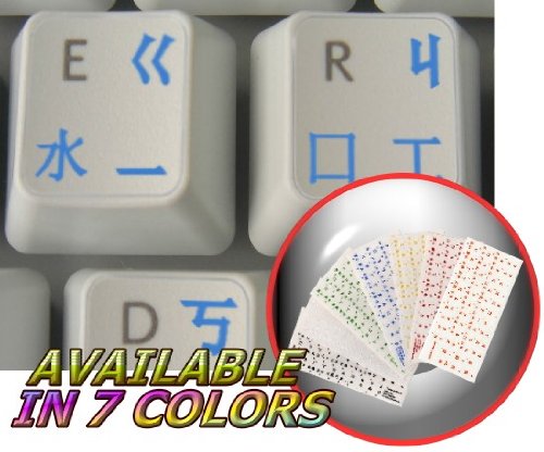 Chinese Keyboard Stickers with Blue Lettering on Transparent Background
