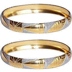 Gold And Rodium Plated Bangle Bracelets Pair Costume Jewelry in Indian-Style 2.25 inches