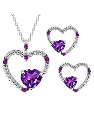 1.61 Ct Heart Shape Purple Amethyst 14k White Gold Pendant Earrings Set