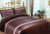 Double 3Pcs Luxury Brown Patchwork Quilted Embroidered Bedspread Set Size 240cm x 260cm, Espresso