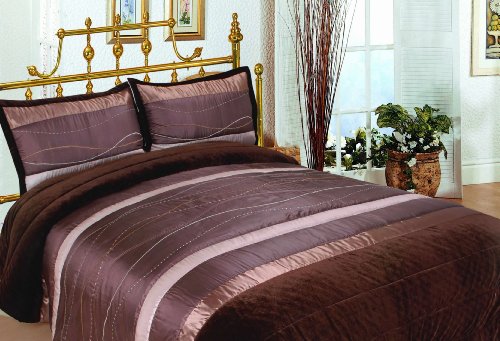 Double 3Pcs Luxury Brown Patchwork Quilted Embroidered Bedspread Set Size 240cm x 260cm, Espresso