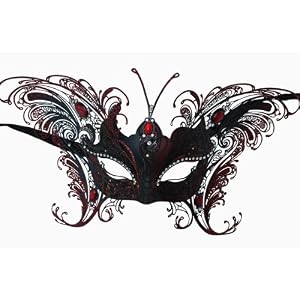 Venetian Red Mask with Black Metal Laser-cut and Crystals on Eyes