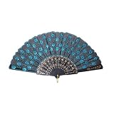 SODIAL(TM) Peacock Pattern Sequin Fabric Hand Fan Decorative Blue Color