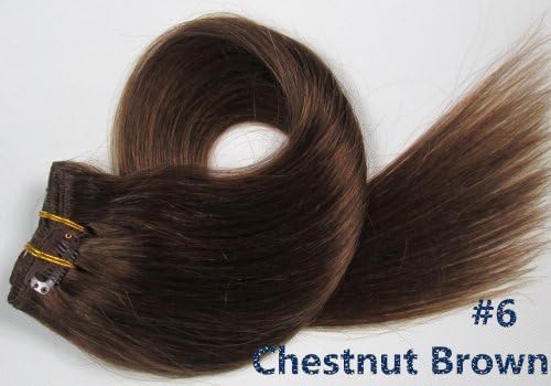 Full Head Straight 21 Color 15" 18" 20"22" 24"26"28" Remy Clip in Real Human Hair Extensions (18inch 70g/7pcs, #6 Chestnut Brown)