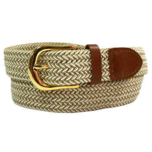 Luxury Divas Beige White Braided Elastic Stretch Leather Tipped Belt Medium