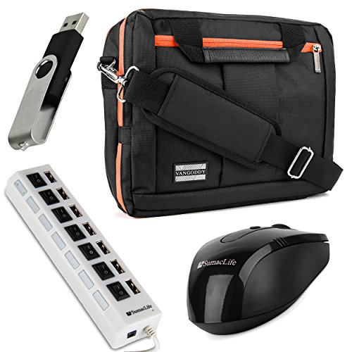 El Prado Collection 3 in 1 Backpack and Messenger Bag for Apple MacBook Air 11.6-inch Laptops (Orange) + Black Wireless USB Mouse + Black 4GB Thumbdrive + Universal 7 Port USB Hub with On/Off Switch