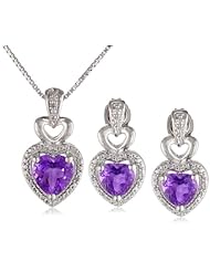 Sterling Silver Amethyst and Diamond-Accented Heart Box Pendant Necklace and Earrings Jewelry Set