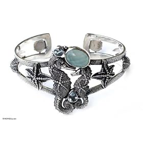 Blue topaz and chalcedony cuff bracelet, 'Seahorse' by NOVICA