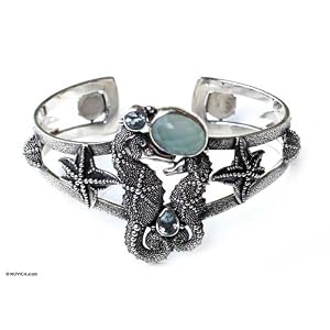 Blue topaz and chalcedony cuff bracelet, 'Seahorse' by