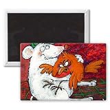 Mouse and Robin (acrylic on paper) by.. - 3x2 inch Fridge Magnet - large magnetic button - Magnet