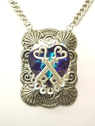Rocker Jewelry Large Blue Crystal Heart Pewter Keys Pendant