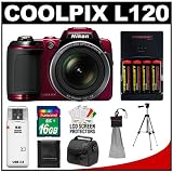 Nikon Coolpix L120 14.1 MP Digital Camera (Red) with 16GB Card + Batteries/Charger + Case + Tripod + Accessory Kit