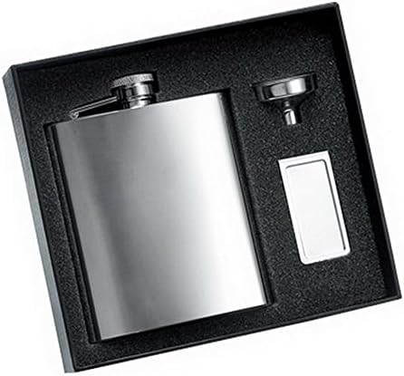 Personalized 8oz Plain Shiny Silver Rimless Stainless Steel Flask with Money Clip & Funnel Gift Set in Black Gift Box, Free Engraving! 2-pk